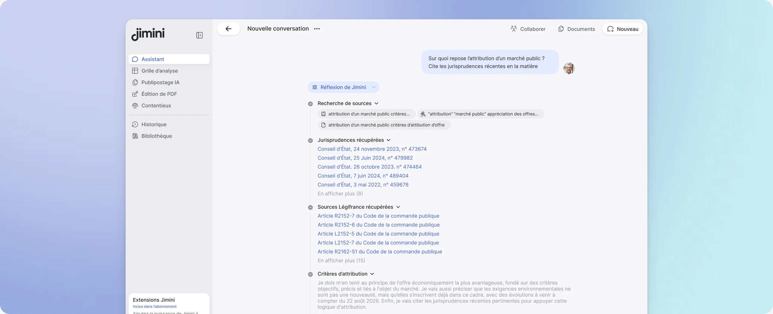 Interface Jimini pour une recherche juridique dans la spécialité sélectionnée