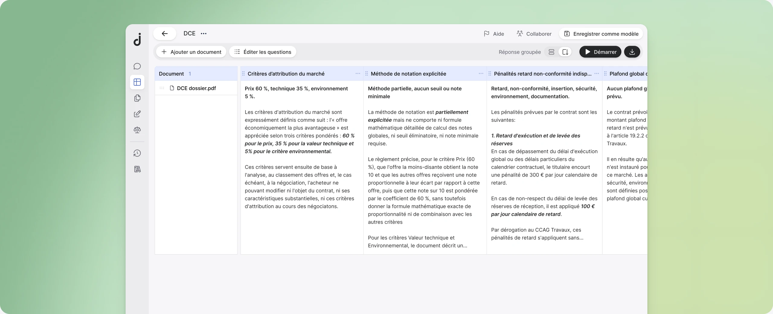 Grille d'analyse de contrats appliquée à un dossier de la spécialité sélectionnée