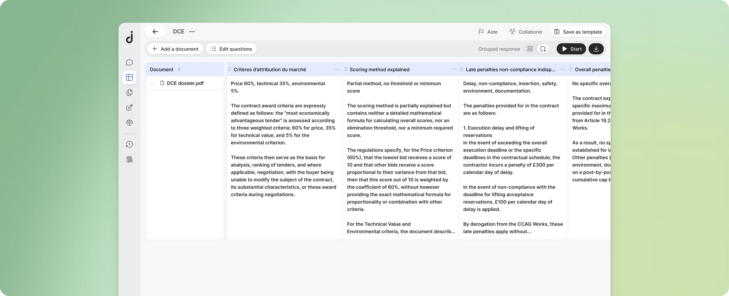 Contract analysis grid applied to a matter in the selected practice area