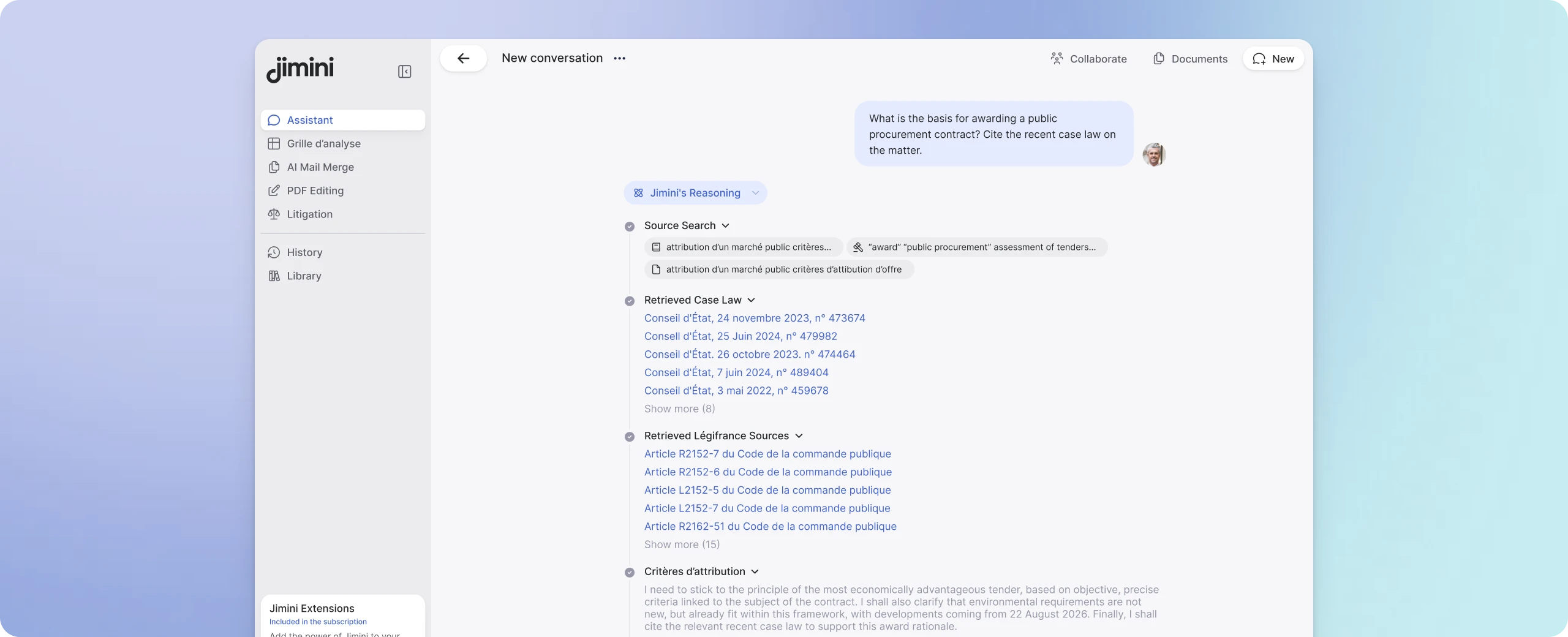Jimini interface running legal research in the selected practice area