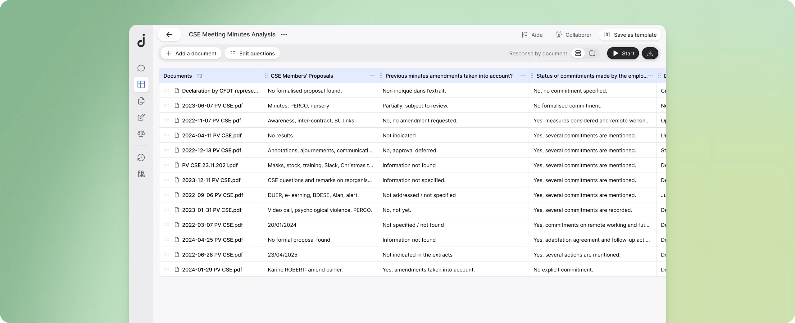 Contract analysis grid applied to a matter in the selected practice area
