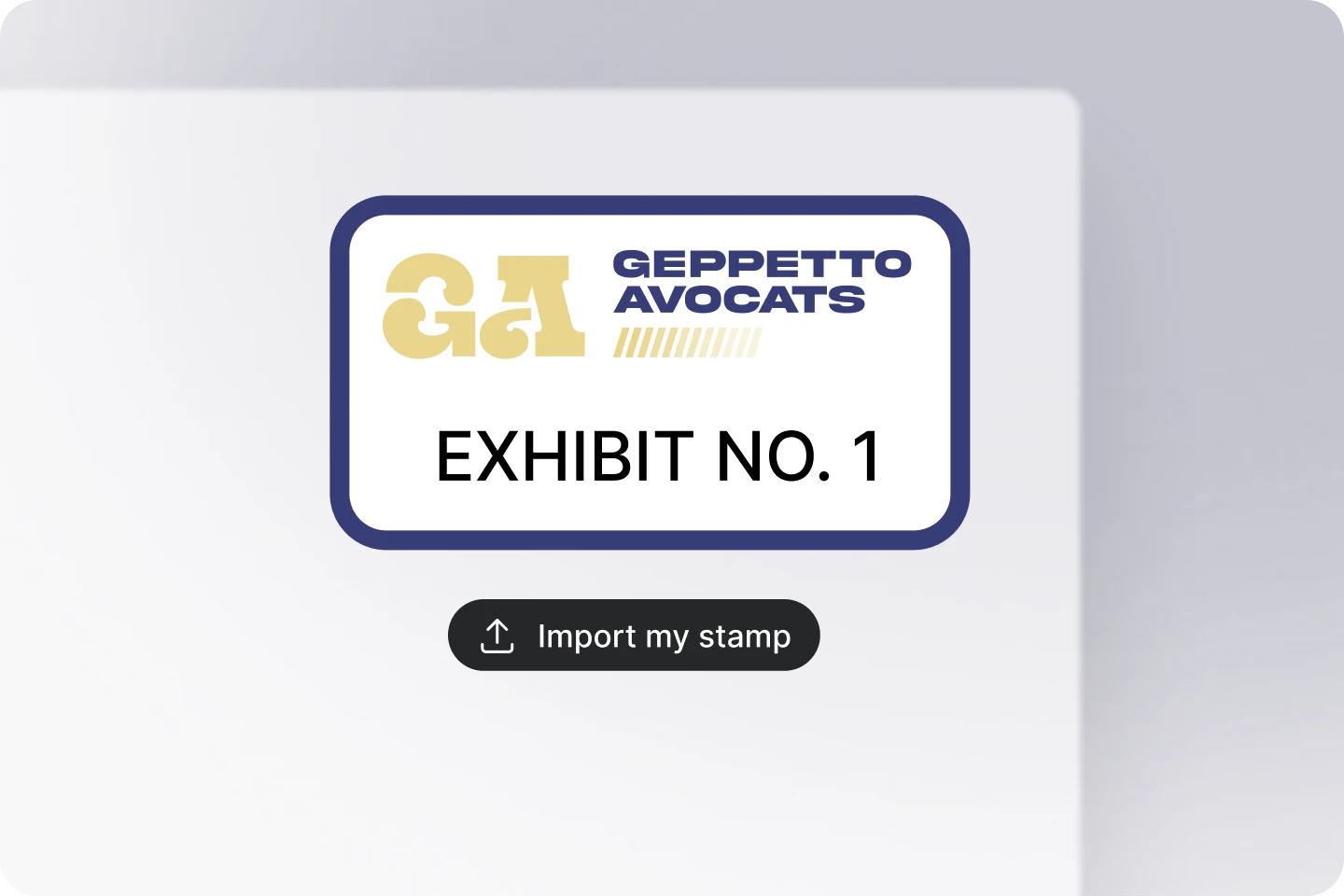 Custom firm stamp "PIÈCE N°1" applied to an exhibit
