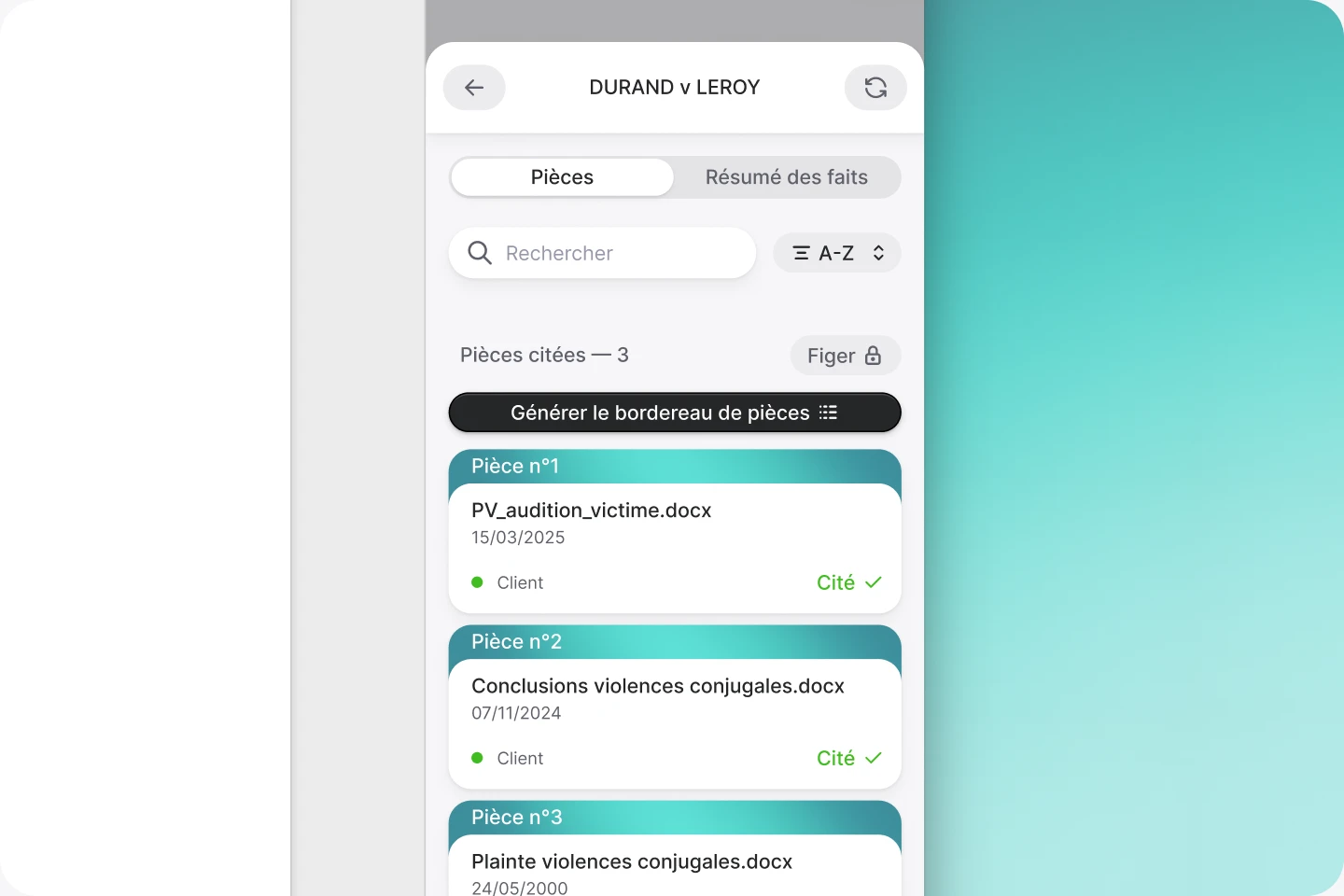 Module Jimini pour Word affichant le bordereau des pièces citées d'un dossier